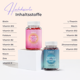 yuicy® Hair Glow Biotin und Goodbye Stress Gummies – Nahrungsergänzungsmittel mit hochdosierten Vitaminen und Wirkstoffen wie Biotin, GABA, Folsäure, Zink, Vitamin B-Komplex, L-Theanin und Zitronenmelisse