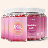 6 yuicy® Dosen im Set. Hair Glow Biotin Gummies für Haargesundheit und Happy Gut Gummies mit Apfelessig, Folsäure und Rote Beete für Stoffwechsel und Darmgesundheit.
